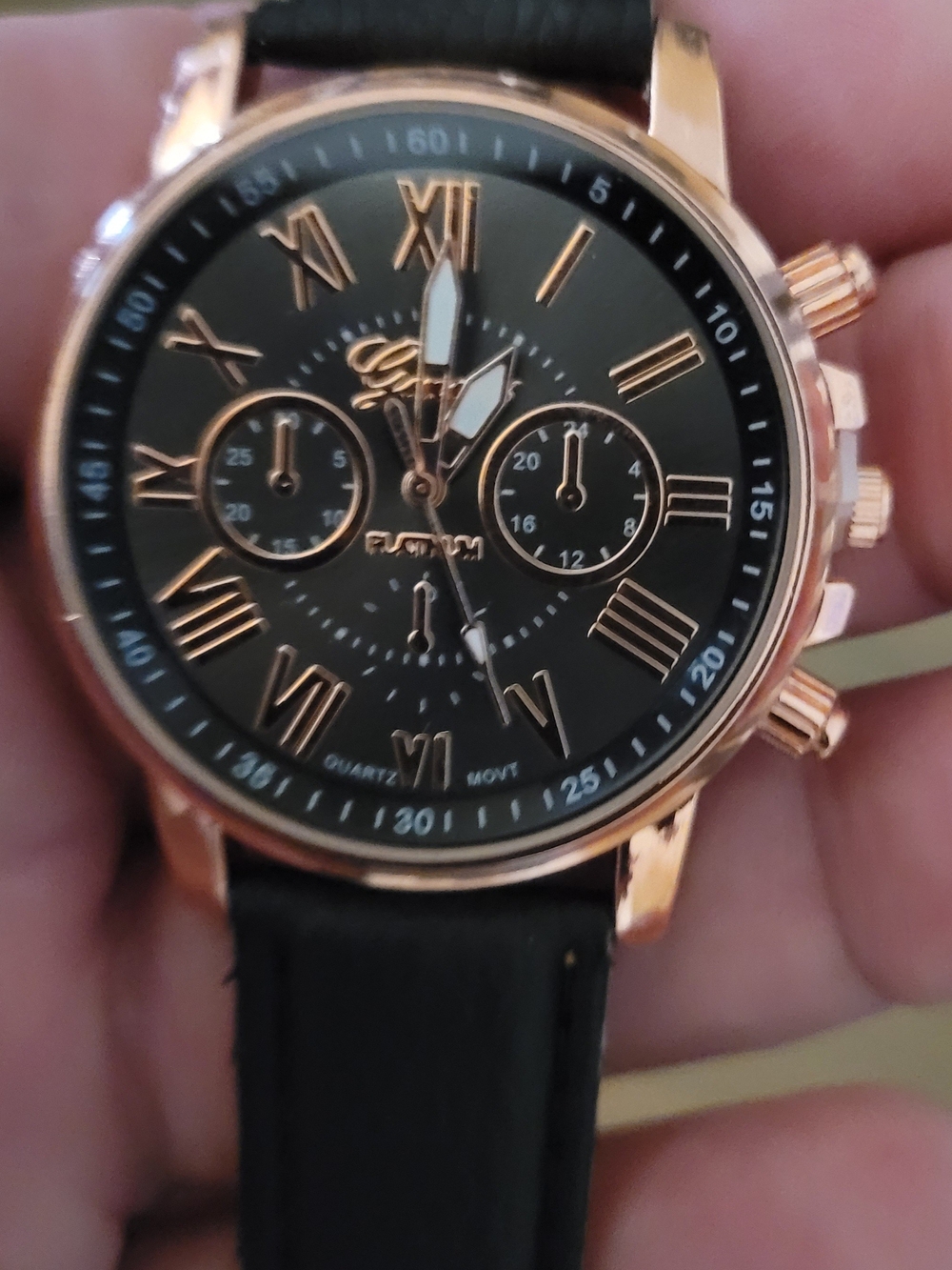 Rose Gold Case Black Dial Faux Leather Strap Watch